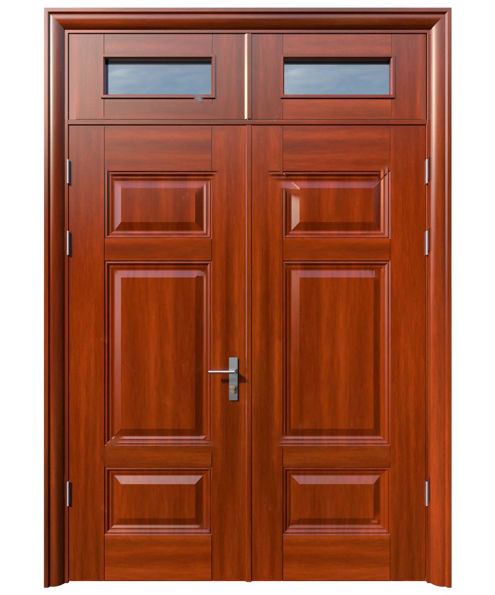 Cửa thép vân gỗ 2 cánh có thiết kế rộng rãi, thoáng mát, giúp mang lại vẻ sang trọng, hiện đại cho ngôi nhà.